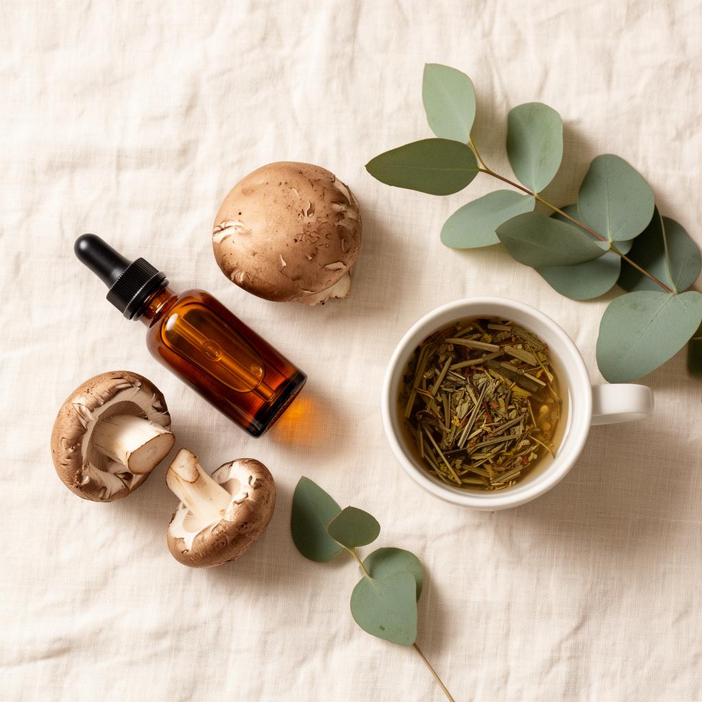Myco Max wellness ritual — dropper bottle with mushrooms, herbal tea, and eucalyptus